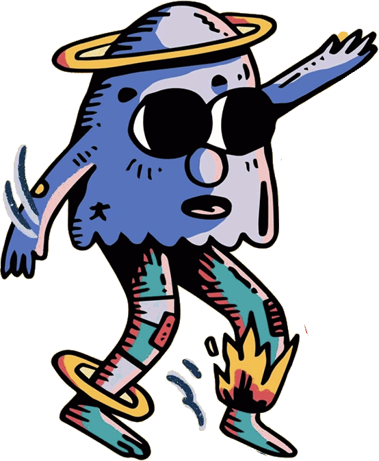 Personaje ilustrado de The Monks con lentes oscuros, bailando