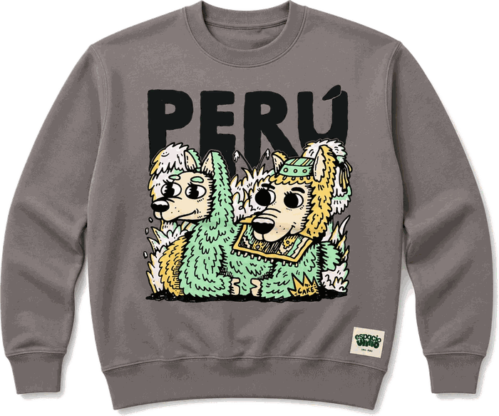 Crewneck Llamitas de Cake, gris con estampado de llamas y la palabra Perú